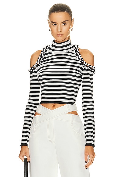 Striped Cropped Cold Shoulder Sweater