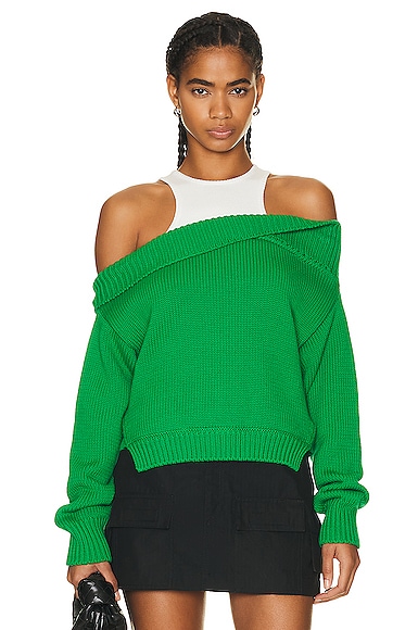 Monse Color Blocked Off Shoulder Sweater in Green