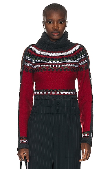 Shop Monse Cropped Fairisle Slit Sleeve Turtleneck Sweater In Red & Charcoal