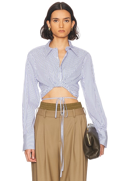 Monse Striped Long Sleeve Wrap Top in Ivory & Navy