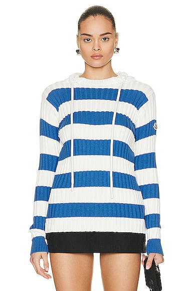 Moncler Striped Hooded Sweater in White & Blue