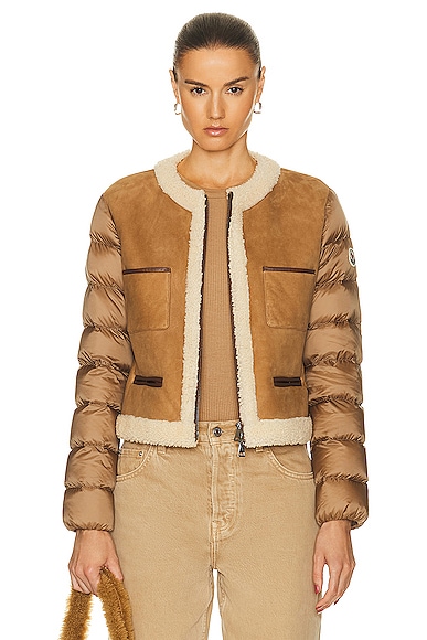 Moncler Vidourle Suede Short Jacket With Shearling Lining In Camel