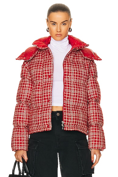 Moncler Outarde Hooded Down Jacket In Red Plaid