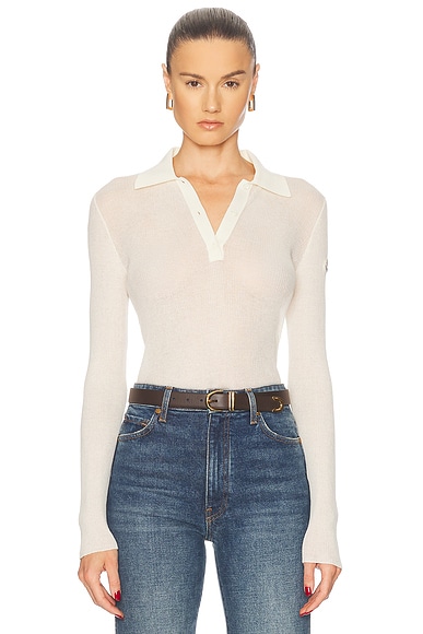 Moncler Long Sleeve Sheer Polo Top in White