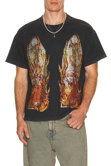 Who Decides War by Ev Bravado Rhinestone Flame Glass Jersey Tee in Coal