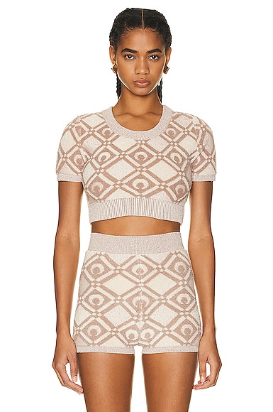Marine Serre Moon Diamond Chunky Jacquard Crop Sweater In Beige