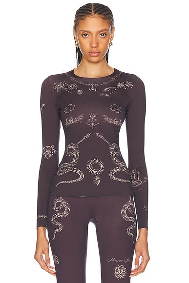 Marine Serre Tattoo Printed Jersey Second Skin Crew Neck Top in Brown