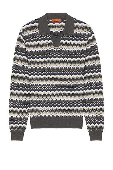 Missoni Long Sleeve Polo in Grey & Beige