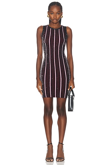 BALMAIN Striped Sequin Sleeveless Mini Dress in Black Holographic Silver FWRD