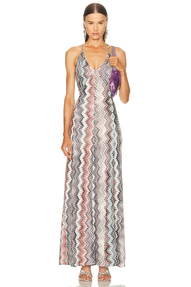 Missoni Sleeveless Long Dress in Multicolor White, Light Blue, & Brown