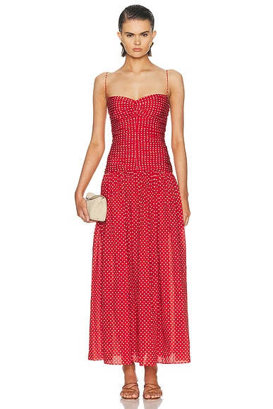 Matteau Gathered Drop Waist Dress in Polka Dot Tomato