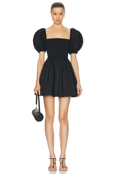 Shirred Peasant Mini Dress in Black