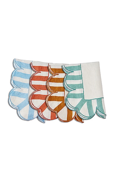 Misette Embroidered Linen Scalloped Stripe Napkins Set Of 4 in Natural & Multicolor