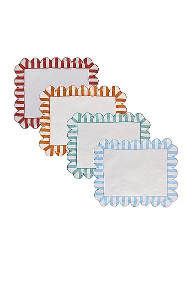 Misette Embroidered Linen Scalloped Stripe Placemats Set Of 4 in Natural & Multicolor