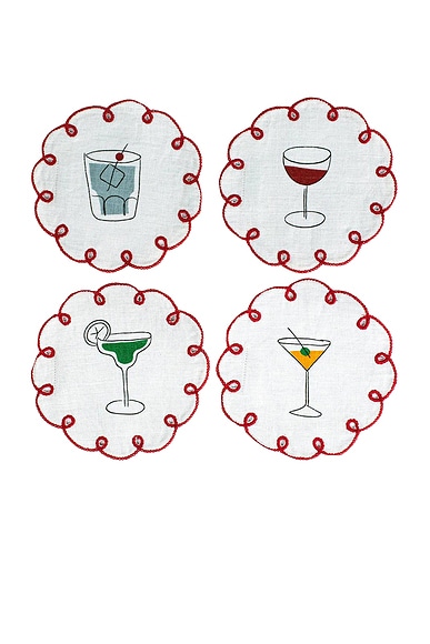 Misette Embroidered Linen Coasters Set Of 4 in Red, Blue, Amber, & Green