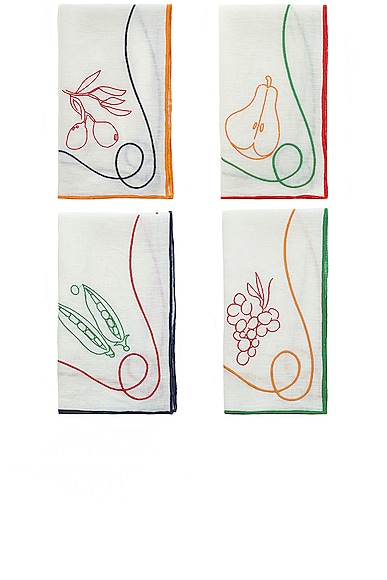 Misette Embroidered Linen Napkins Set Of 4 In Multicolor Fruits & Veggies