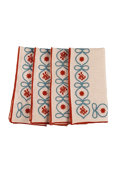 Misette Embroidered Linen Napkins Set Of 4 in Floral Red & Green