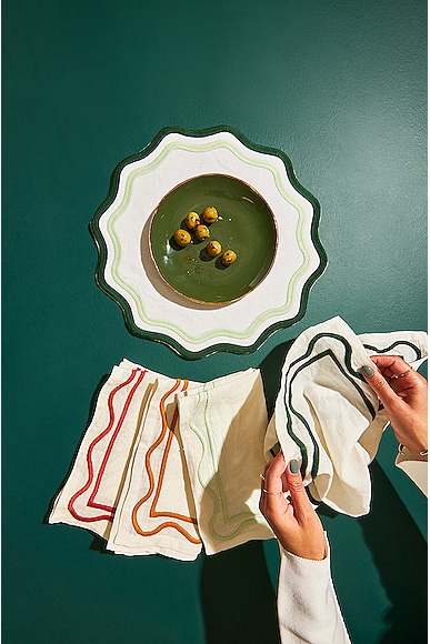 Shop Misette Embroidered Linen Placemats Set Of 4 In Colorblock Dark Green & Sage