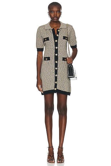 Tweed Knit Collared Button Up Mini Dress in Grey
