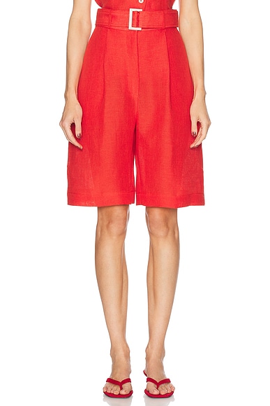 MATTHEW BRUCH Pleated Bermuda Short in Red Linen