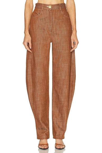 MATTHEW BRUCH High Waist Barrel Leg in Brown Denim