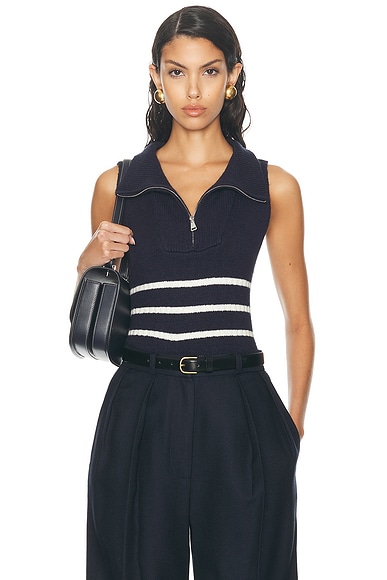 MATTHEW BRUCH Quarter Zip Striped Knit Vest in Navy Knit