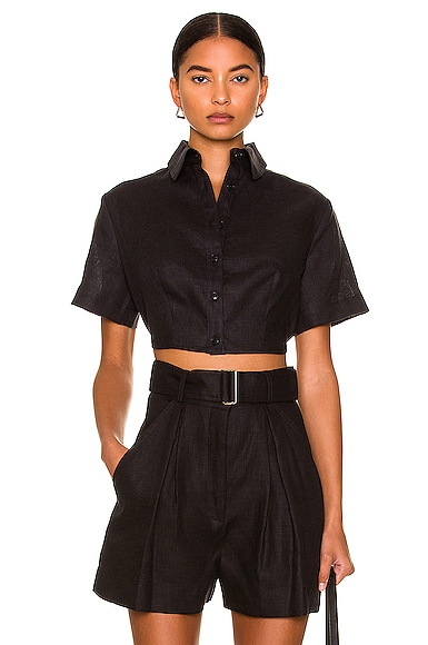MATTHEW BRUCH Cropped Tie Back Button Up Top in Black