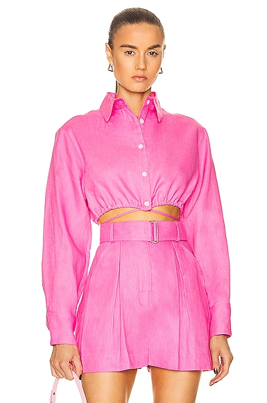 MATTHEW BRUCH for FWRD Long Sleeve Cropped Button Down Top in Pink