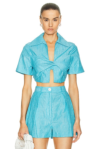 MATTHEW BRUCH Cropped Collared Twist Top in Bright Blue Crinkle