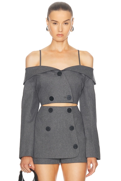 MATTHEW BRUCH Off Shoulder Double Breasted Top in Charcoal Flannel
