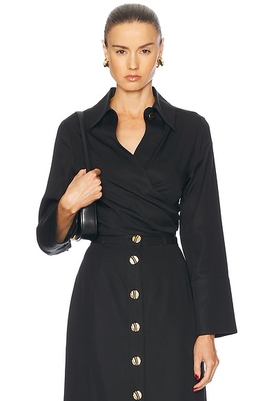 MATTHEW BRUCH Collared Long Sleeve Wrap Top in Black Tencel