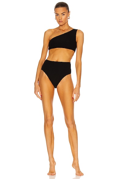 Matthew Bruch Carolyn High-waisted Bikini Set In Black Rib Knit