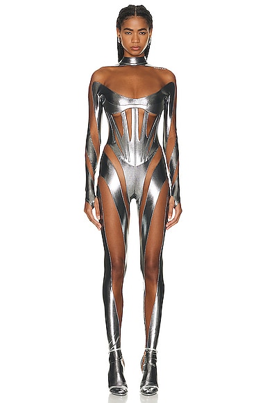 Mugler Gloved Catsuit in Chrome Silver & Nude 02 | FWRD