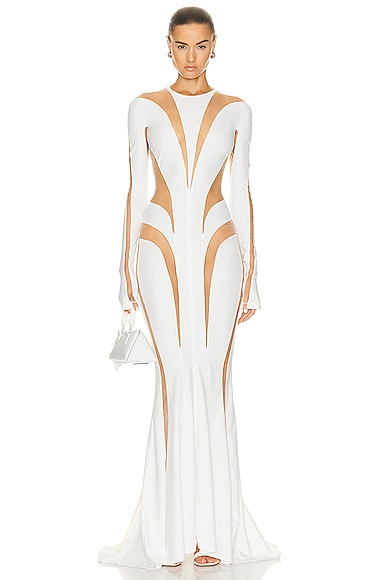 Mugler Spiral Illusion Long Dress in White & Nude 01