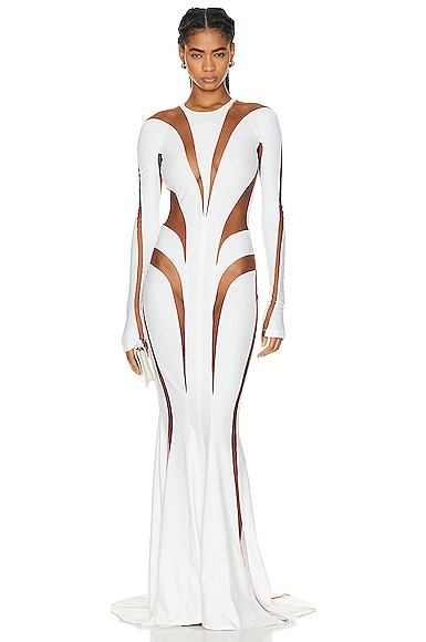 Mugler Spiral Illusion Long Dress in White & Nude 02