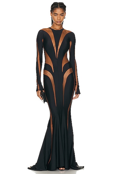 Mugler Spiral Illusion Long Dress in Black Nude 02