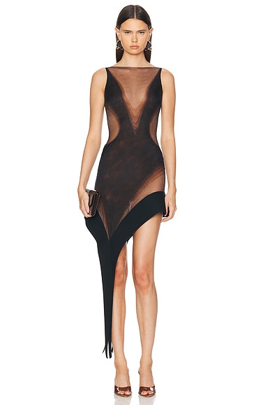 Asymmetric Stretch Illusion Dress in Brown