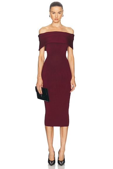 Mugler Off The Shoulder Midi Dress in Blood Red