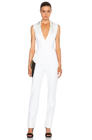 Mugler Fitted Cady & Draped Satin Jumpsuit in Off White | FWRD