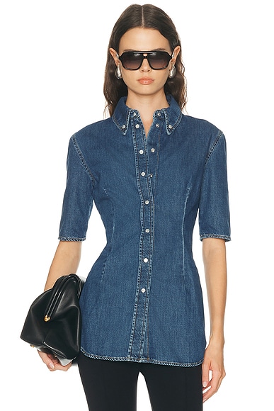 Mugler Short Sleeve Button Up Shirt in Blue Rinse