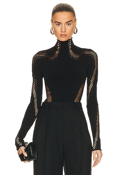 Mugler Open-knit High-neck Mesh Top In Black