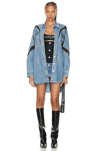 Mugler Lace Panel Denim Shirt Medium Blue And Black In Medium Blue & Black