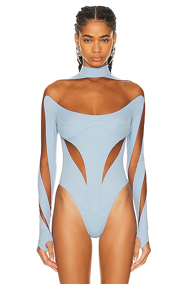 Shop Mugler Illusion Cut Bodysuit In Light Blue & Nude 02