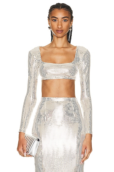 New Arrivals Sirena Sequin Long Sleeve Crop Top In Silver