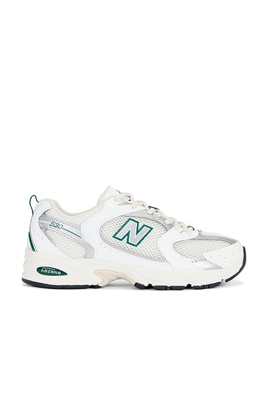 New Balance 530 in Sea Salt, White, Marsh Green, & Silver Metallic