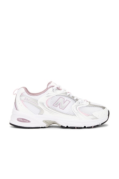 New Balance 530 in White, Silver Metallic, Ice Wine, & Mid Century Pink