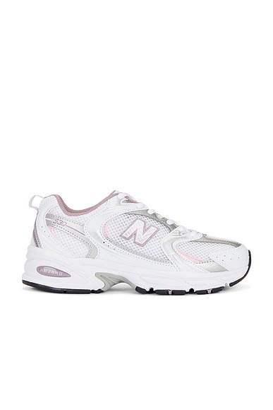 New Balance 530 Sneaker in White, Silver Metallic, & Mid Century Pink