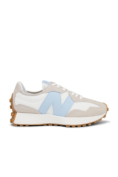New Balance 327 Sneaker in Timberwolf, Sea Salt, & Light Chrome Blue
