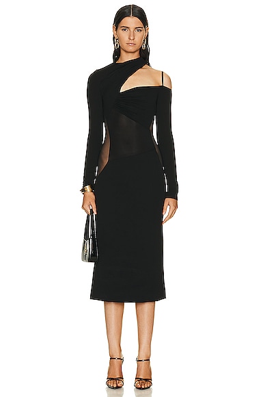 Nensi Dojaka Gathered Asymmetrical Long Sleeve Midi Dress in Black