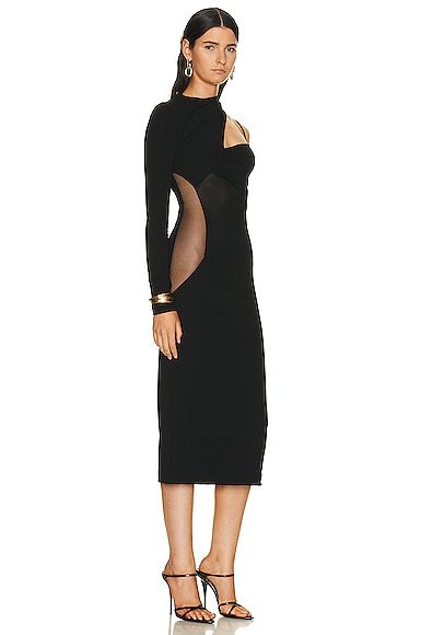 Shop Nensi Dojaka Gathered Asymmetrical Long Sleeve Midi Dress In Black